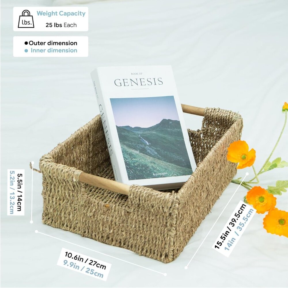 Large Natural Wicker Basket Rectangular with Wooden Handles, Seagrass Storage fo - Picture 3 of 9